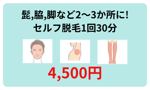 髭,脇,脚など2～3か所に! セルフ脱毛1回30分4,500円